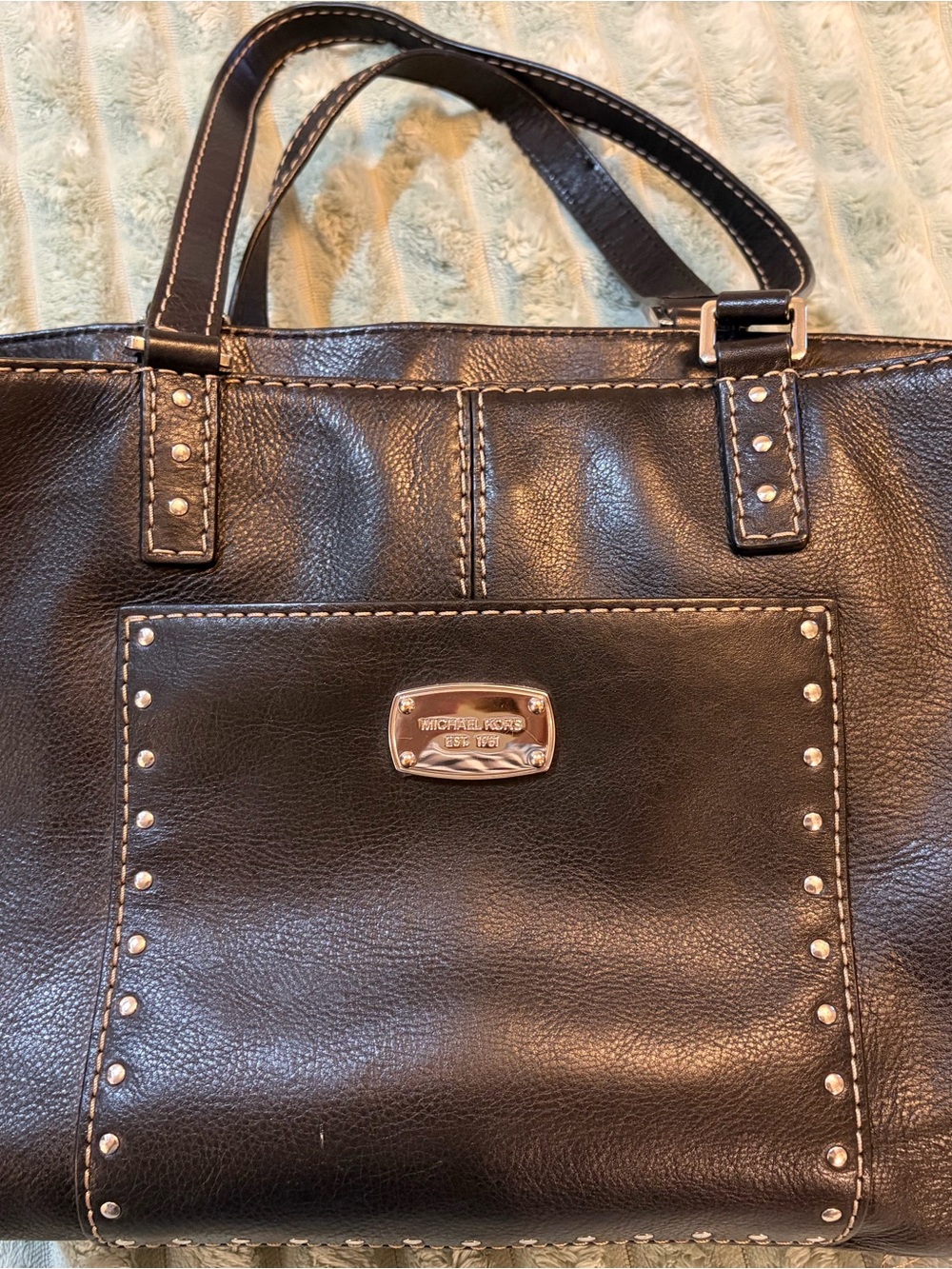 Michael Kors Black Leather Tote with Studded Front Pocket
